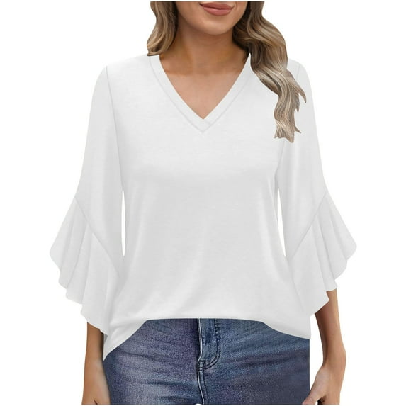 FAIWAD Women Blouses Dressy Casual Ruffle 3/4 Length Sleeve V Neck Tshirts Trendy Loose Office Work Shirts