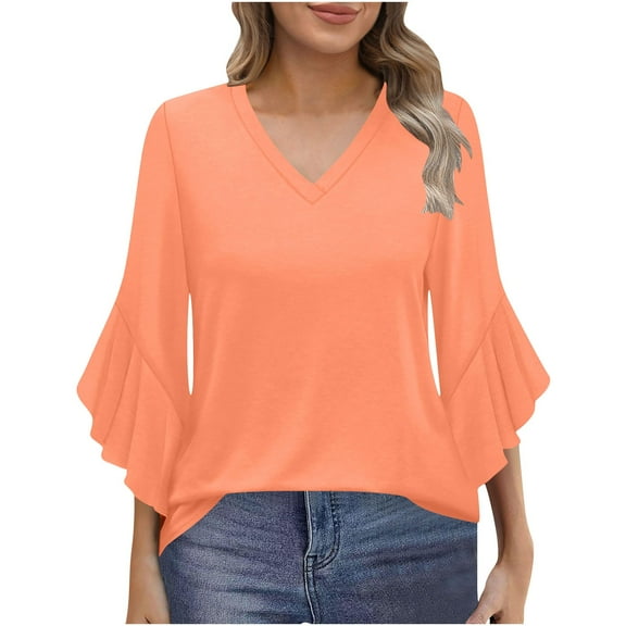 FAIWAD Women Blouses Dressy Casual Ruffle 3/4 Length Sleeve V Neck Tshirts Trendy Loose Office Work Shirts