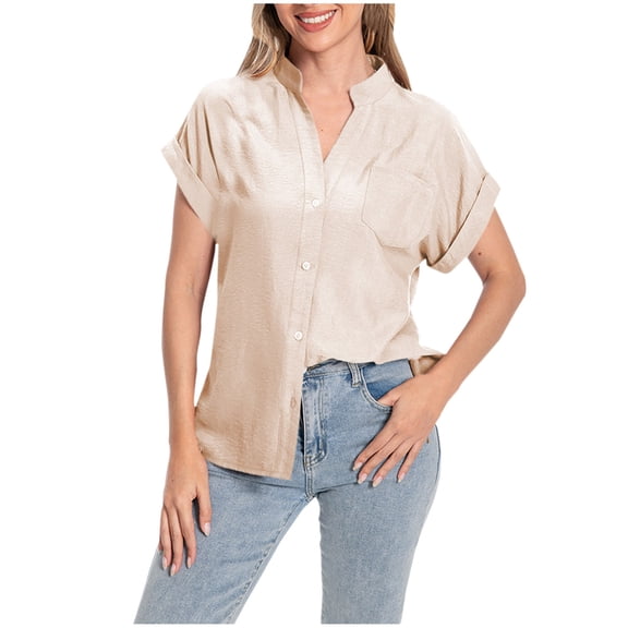 FAIWAD Women Button Down Shirts with Pockets Short Sleeve Chiffon Office Blouses V Neck Casual Business Tops