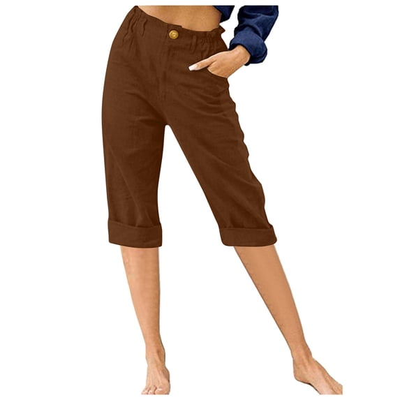 FAIWAD Women Capri Pants Summer Trendy Cotton Linen Cropped Trouser with Pockets Casual Workout Pants