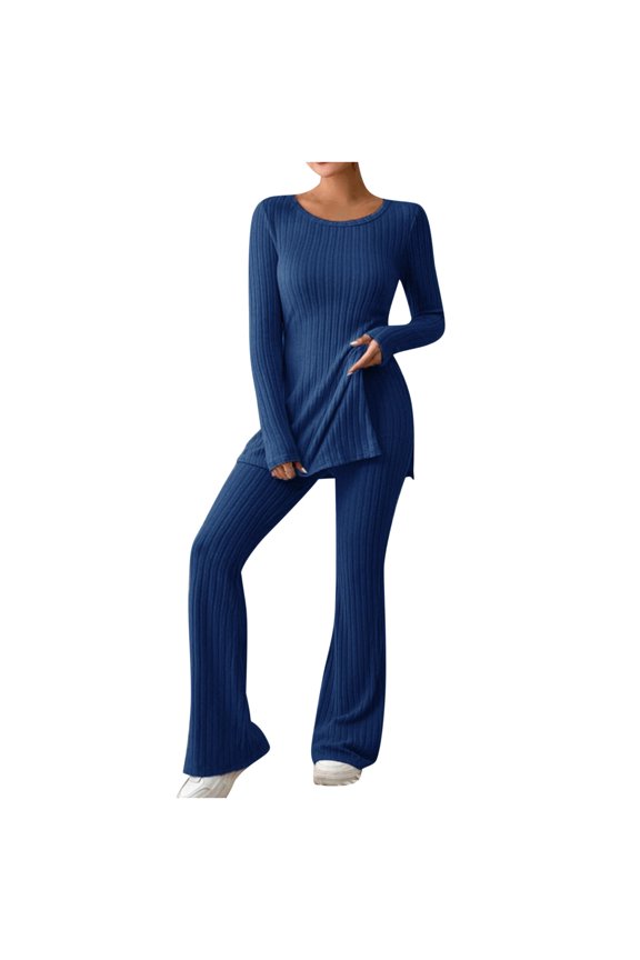 Women Casual 2 Piece Long Sleeve Sets Side Split Tops and Flare Pants Lounge Ribbed Set