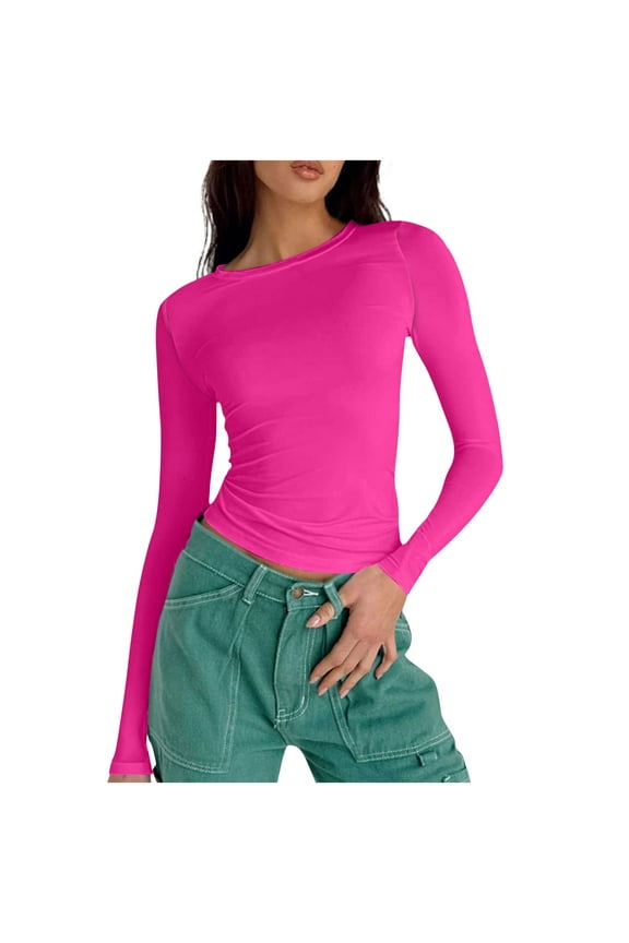 Women Casual Fall Crop Tops Long Sleeve Crewneck Tight Shirt Teen Girl Going out Trendy Basic Tees