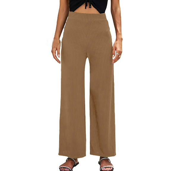 FAIWAD Women Casual Ribbed Knit Pants Elastic High Waist Wide Leg Drawstring Trousers Going Out Athletic Pants