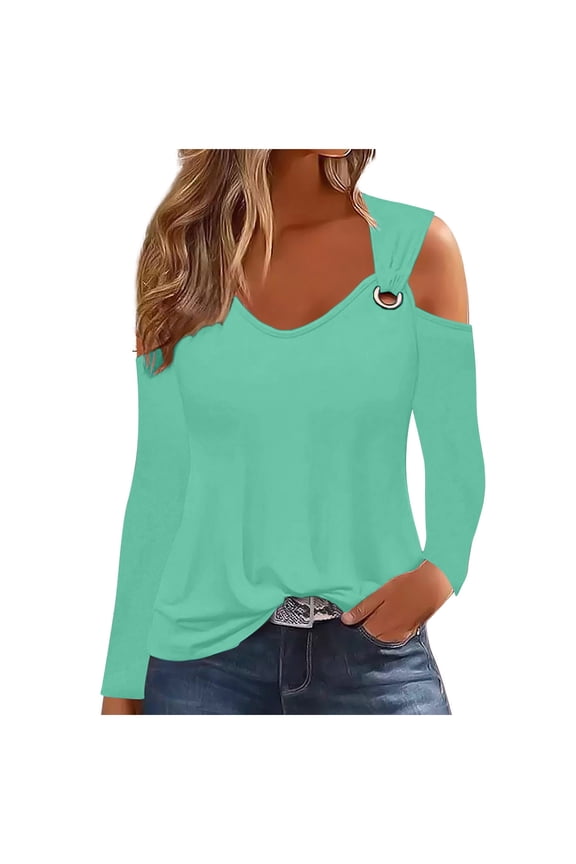 Women Cold Shoulder Tunic Tops Long Sleeve V Neck Solid Color Basic Shirts Fall Winter Casual Pullover Top