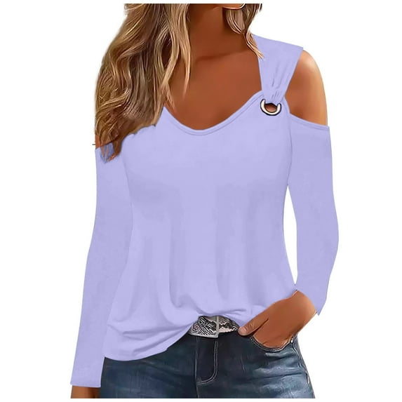 FAIWAD Women Cold Shoulder Tunic Tops Long Sleeve V Neck Solid Color Basic Shirts Fall Winter Casual Pullover Top