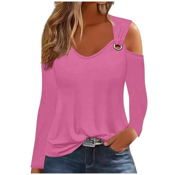 FAIWAD Women Cold Shoulder Tunic Tops Long Sleeve V Neck Solid Color Basic Shirts Fall Winter Casual Pullover Top