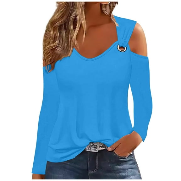 FAIWAD Women Cold Shoulder Tunic Tops Long Sleeve V Neck Solid Color Basic Shirts Fall Winter Casual Pullover Top