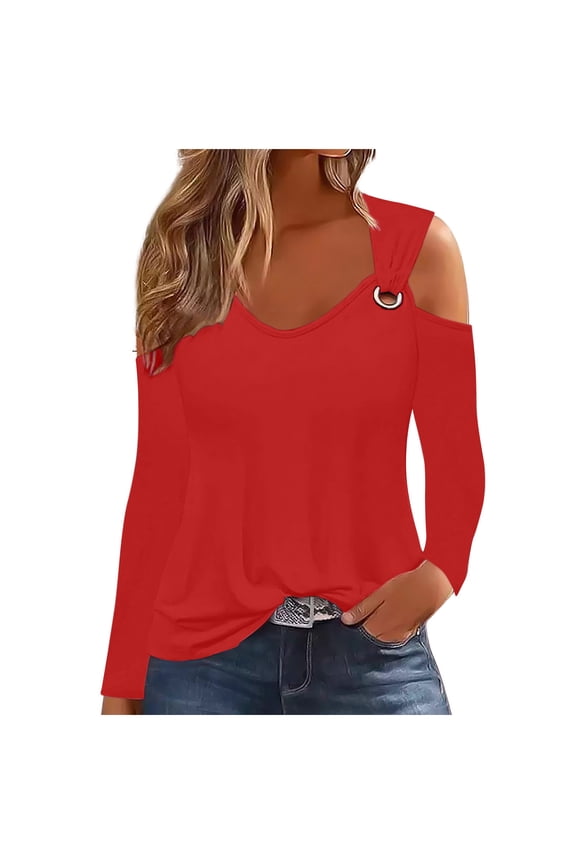 Women Cold Shoulder Tunic Tops Long Sleeve V Neck Solid Color Basic Shirts Fall Winter Casual Pullover Top