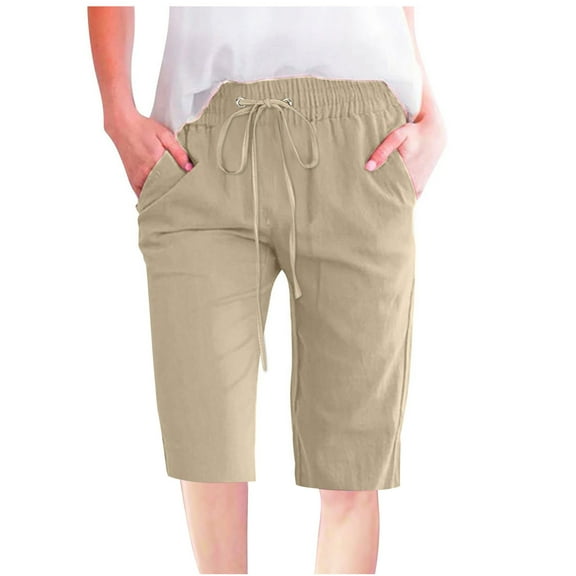 FAIWAD Women Cotton Linen Shorts Summer Loose Elastic Waist Short Pants Solid Color Casual Straight Beach Pants
