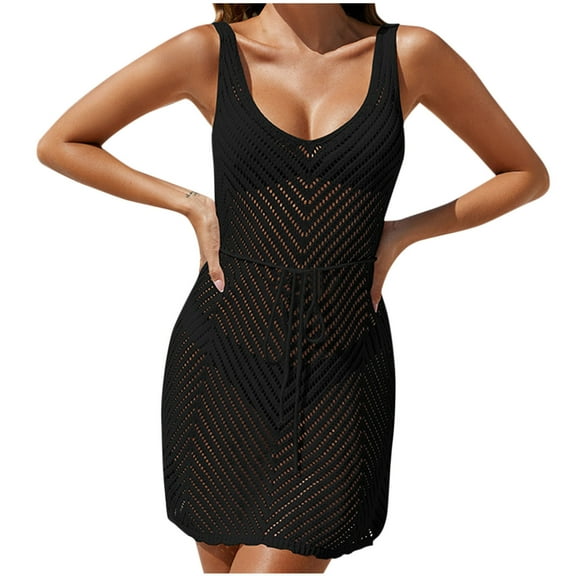 FAIWAD Women Crochet Dress Hollow Out Sleeveless Strape Dress Loose Going Out Beach Cover Up Dress
