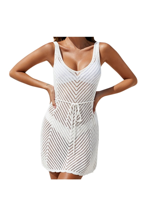 Women Crochet Dress Hollow Out Sleeveless Strape Dress Loose Going Out Beach Cover Up Dress