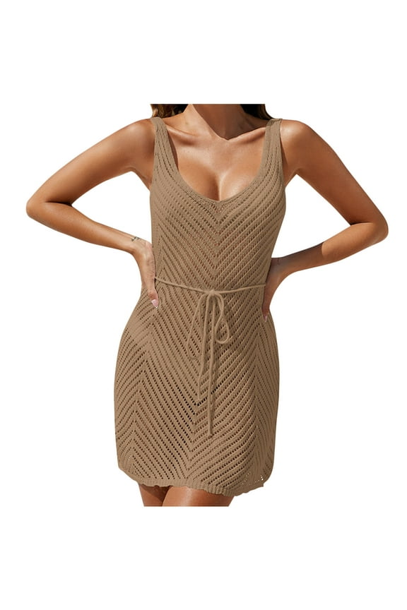 Women Crochet Dress Hollow Out Sleeveless Strape Dress Loose Going Out Beach Cover Up Dress