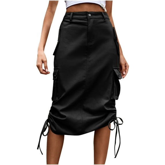 FAIWAD Women Denim Skirts with Pockets Vintage Side Drawstring Maxi Jean Skirts Streetwear Trendy Cargo Skirt