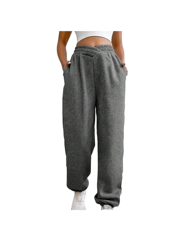Women Elastic High Waist Joggers Sweatpants with Pockets Solid Color Workout Running Trousers (Large, Dark Gray)