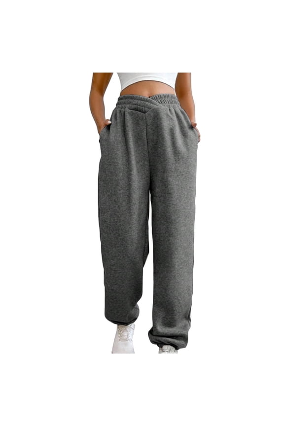 Women Elastic High Waist Joggers Sweatpants with Pockets Solid Color Workout Running Trousers (XX-Large, Dark Gray)