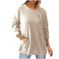 thumbnail image 1 of FAIWAD Women Fall Rib Long Sleeve Pullover Casual Basic Round Neck Solid Color Tops Loose Outfit with Pocket, 1 of 5