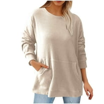 FAIWAD Women Fall Rib Long Sleeve Pullover Casual Basic Round Neck Solid Color Tops Loose Outfit with Pocket