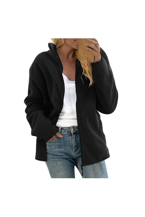 Women Fall Winter Fleece Jackets Long Sleeve Stand Collar Zip Casual Soft Fuzzy Trendy Coats