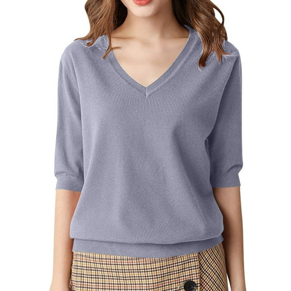 FAIWAD Women Half Sleeve Sweaters Loose Lightweight V-Neck Soft Work Office Knitted Pullovers Business Casual Blouses