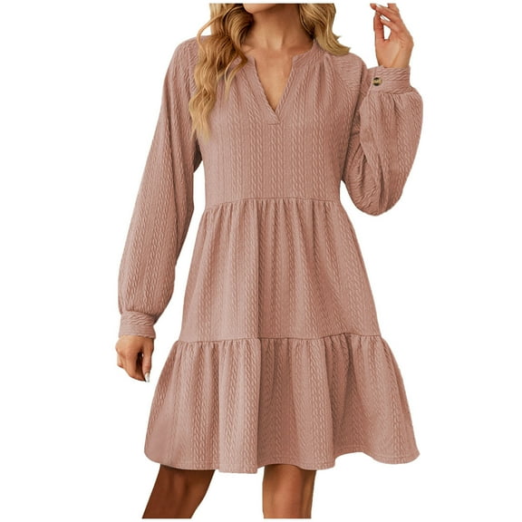 FAIWAD Women Long Sleeve Ruffle Tiered Dresses V Neck Loose A-Line Dresses Basic Party Cocktail Mini Dress