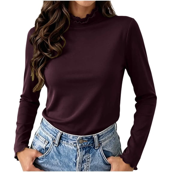 FAIWAD Women Long Sleeve Tops Turtleneck Ruffle Slim Fitted Shirts Stretchy Casual Layer Basic Tees