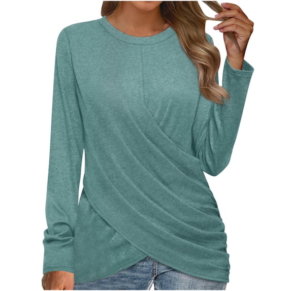 FAIWAD Women Long Sleeve Tunic Tops Round Neck Solid Color Cross Cross Irregular Hem Pullover Tops