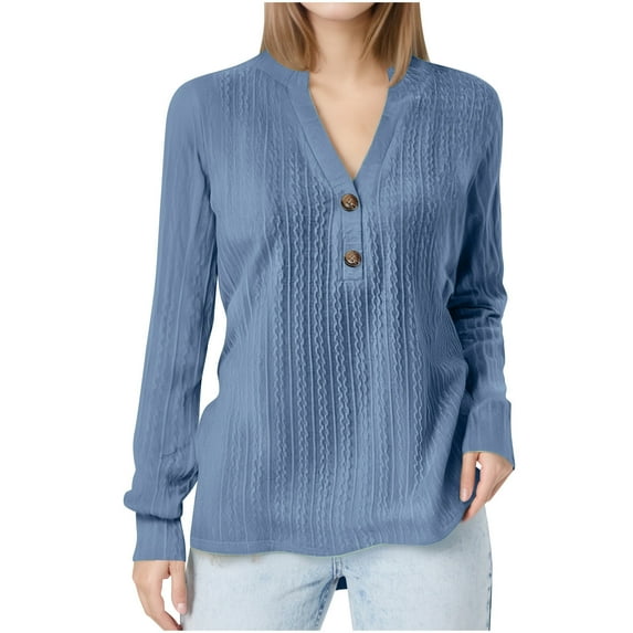FAIWAD Women Long Sleeve V Neck Tunic Tops Casual Solid Color Textured Blouse Loose Comfy Daily Going Out Blouses