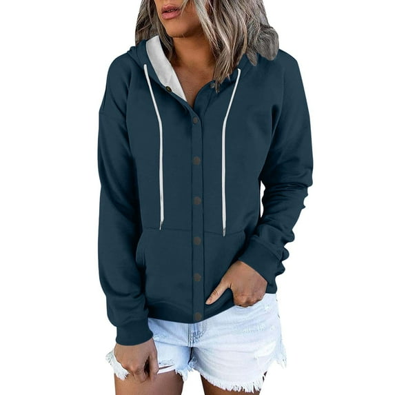 FAIWAD Women Long Sleeve Zip Hoodies Jacket Button Down Plus Size Solid Color Sweatshirt with Pocket (Large, Navy)