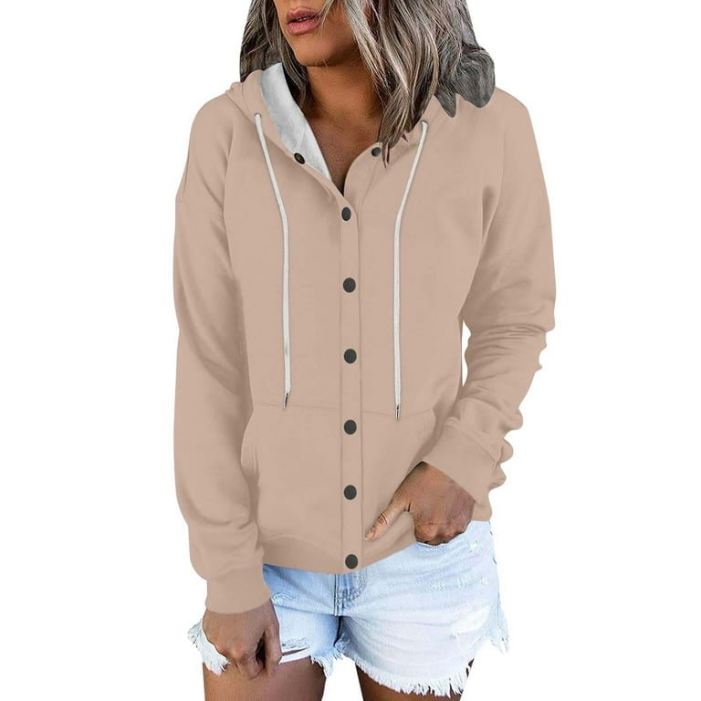 FAIWAD Women Long Sleeve Zip Hoodies Jacket Button Down Plus Size Solid Color Sweatshirt with Pocket X Large Khaki