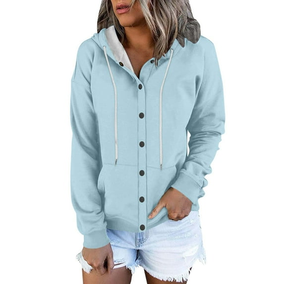 FAIWAD Women Long Sleeve Zip Hoodies Jacket Button Down Plus Size Solid Color Sweatshirt with Pocket (X-Large, Light Blue)