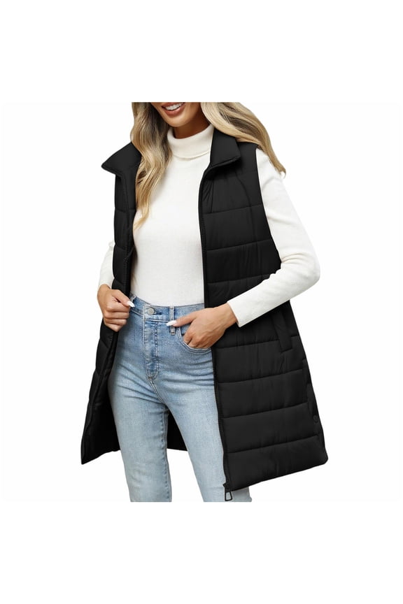 Women Quilted Hooded Vest Padded Sleeveless Long Puffer Jacket Fall Winter Thicken Warm Outerwear