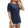 thumbnail image 1 of FAIWAD Women Round Neck Blouse Tops Puff Short Sleeve Pullover Tops Button Loose Pleated T-Shirt, 1 of 4