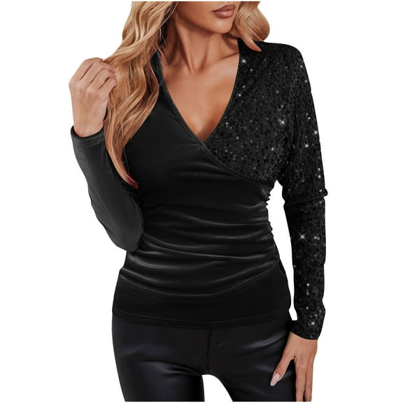 FAIWAD Women Sequin Splicing Velvet Tops V Neck Slim Fitted Velour Blouses Glitter Sparkly Party Shirts