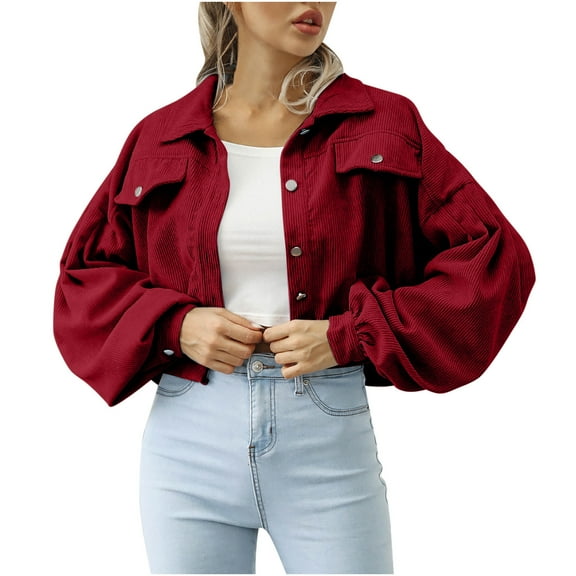 FAIWAD Women Short Corduroy Jacket Solid Color Lapel Button Coats Lantern Long Sleeve Outwear (Small, Wine)
