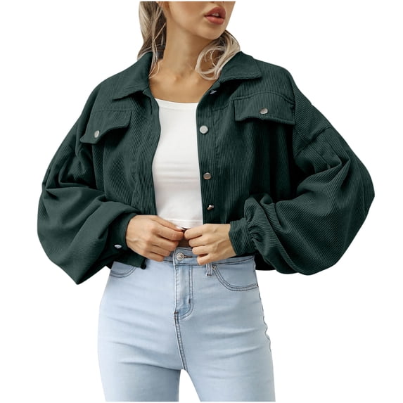 FAIWAD Women Short Corduroy Jacket Solid Color Lapel Button Coats Lantern Long Sleeve Outwear (X-Large, Green)