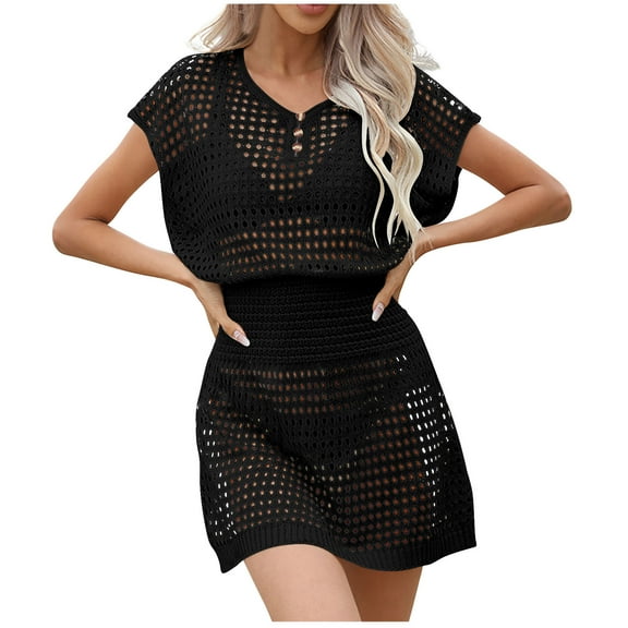 FAIWAD Women Short Sleeve Beach Cover Up Dress Button V-Neck Hollow Out Breathable Beach Dress