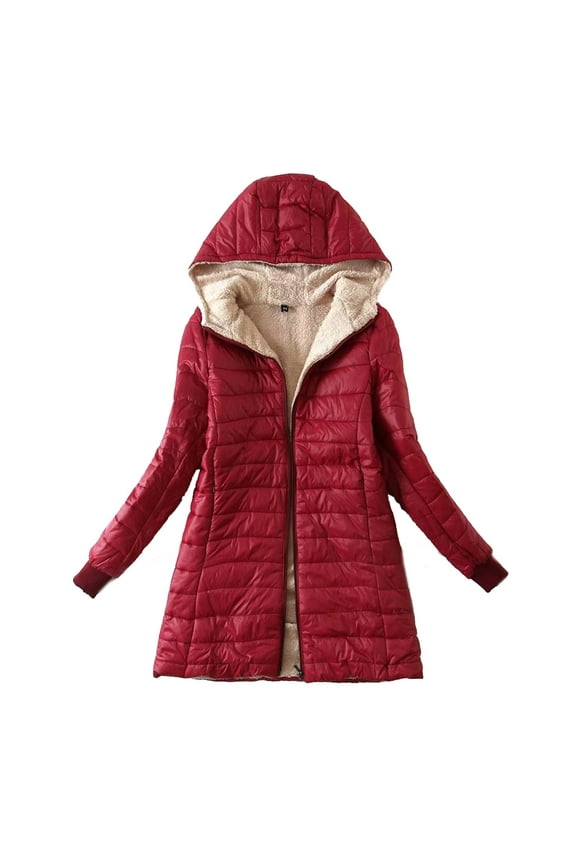 Women Slim Puffer Jacket Fleece Lined Warm Quilted Hooded Coat Solid Color Lightweight Coat (3X-Large, Red2)