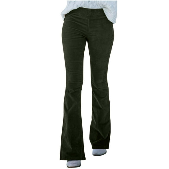 FAIWAD Women Solid Color High Waisted Corduroy Pants Casual Elastic Waist Straight Slim Flared Pant (Small, Army Green)