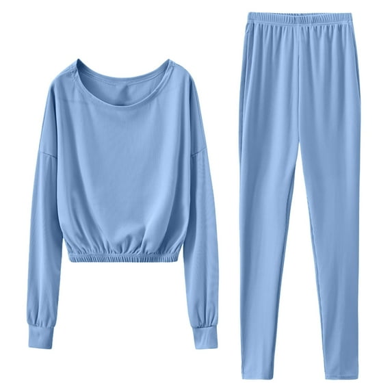 FAIWAD Women Solid Sportswear Suit 2 Piece Long Sleeve Round Neck Crop Top and Straight Trousers