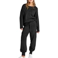 thumbnail image 1 of FAIWAD Women Solid Sportswear Suit 2 Piece Long Sleeve Round Neck Loose Pullover Top with Drawstring Trousers, 1 of 7