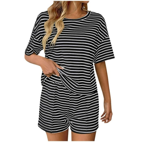 FAIWAD Women Summer 2 Piece Pajama Sets Striped Short Sleeve Tops and Shorts Casual Comfy Cotton Loungewear