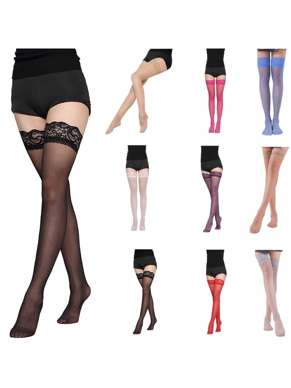 Women Thigh High Stockings Lace Tights Silky Seamless Stretch Over Knee Footed Stocking