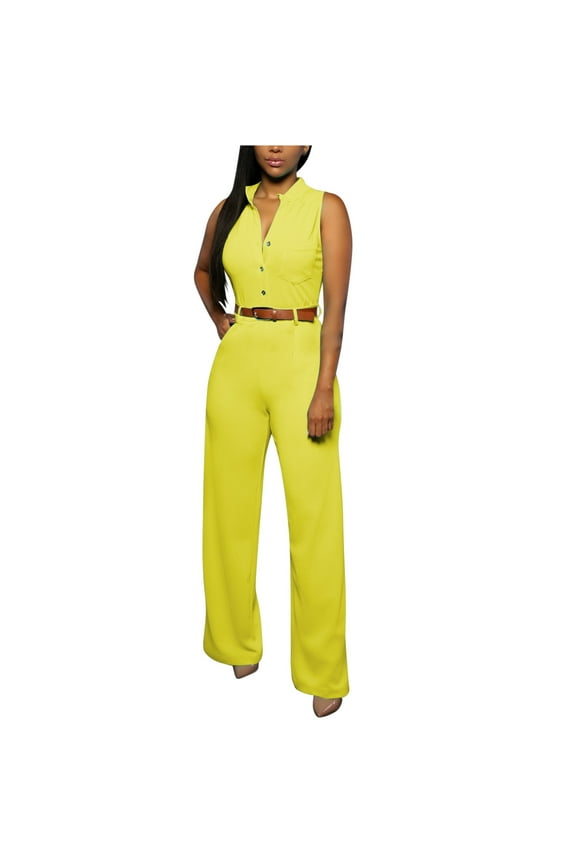 Women Wide Leg Jumpsuit Button Down V Neck Sleeveless Straight Leg Slim Romper with Belted (XX-Large, Yellow)
