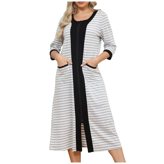 FAIWAD Women Zipper Robe 3/4 Sleeve Striped Loungewear Dress Lightweight Housecoat Full Length Nightgown with Pockets