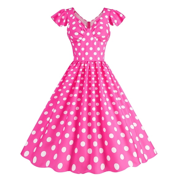 FAIWAD Women's Retro Vintage Dress Cap Sleeve V Neck Mini Dress Ladies Polka A-Line Party Dresses