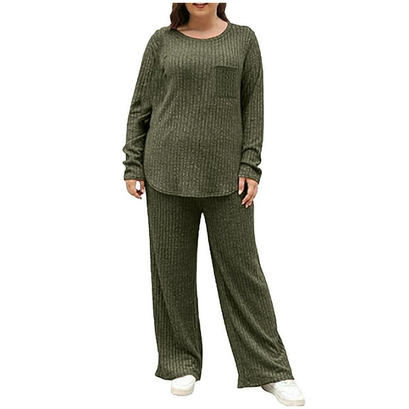 FAIWAD Women's 2 Piece Lounge Sets Long Sleeve Ribbed Tinic Tops and Loose Wide Leg Pants