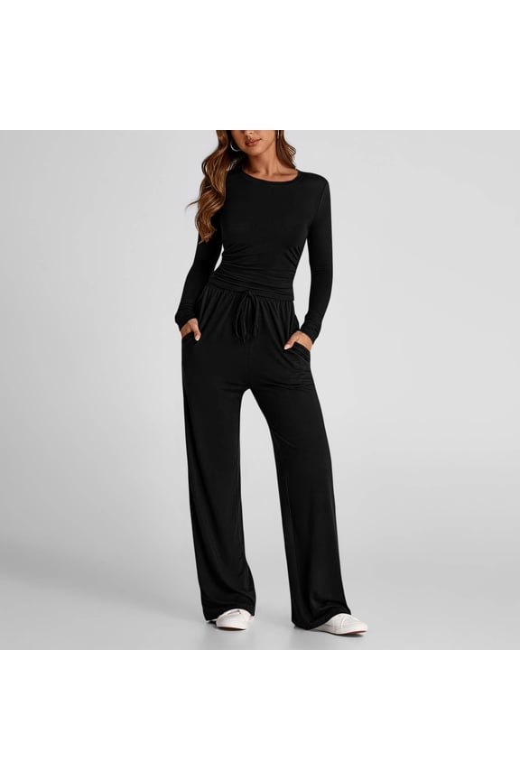 Women's 2 Piece Lounge Sets Long Sleeve Slim Crop Tops and Elastic Waist Wide Leg Pants Casual Outfits Tracksuit