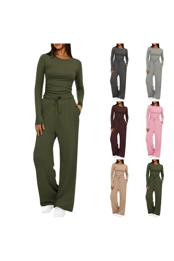 Women's 2 Piece Lounge Sets Long Sleeve Slim Crop Tops and Elastic Waist Wide Leg Pants Casual Outfits Tracksuit