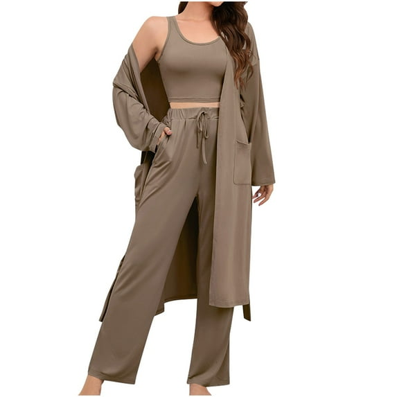 FAIWAD Women's 2 Piece Outfits Long Sleeve Open Front Cardigan Crop Vest and Wide Leg with Pockets