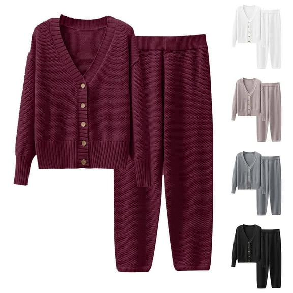 FAIWAD Women's 2 Piece Outfits Sweater Sets Long Sleeve Button Knit Cardigan and Pants Teen Girls Lounge Set